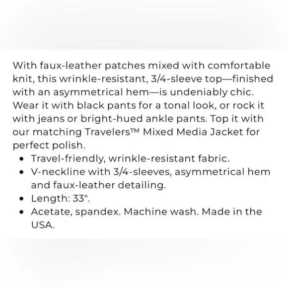 NWT Chico’s Travelers Collection Mixed Media Top size 2 (US 12-14) - Picture 8 of 8